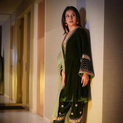 Green Velvet Sequence Embroidery Work Suit Pant With Dupatta