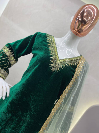 Green Velvet Sequence Embroidery Work Suit Pant With Dupatta