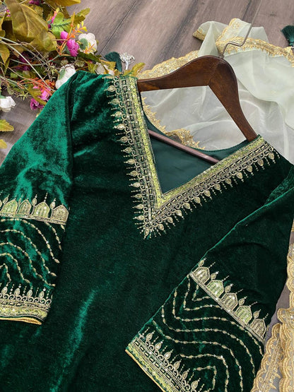 Green Velvet Sequence Embroidery Work Suit Pant With Dupatta