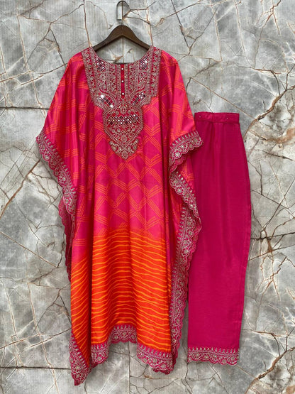 Blossom Bandhani Print Mirror Work Kaftan with Pant