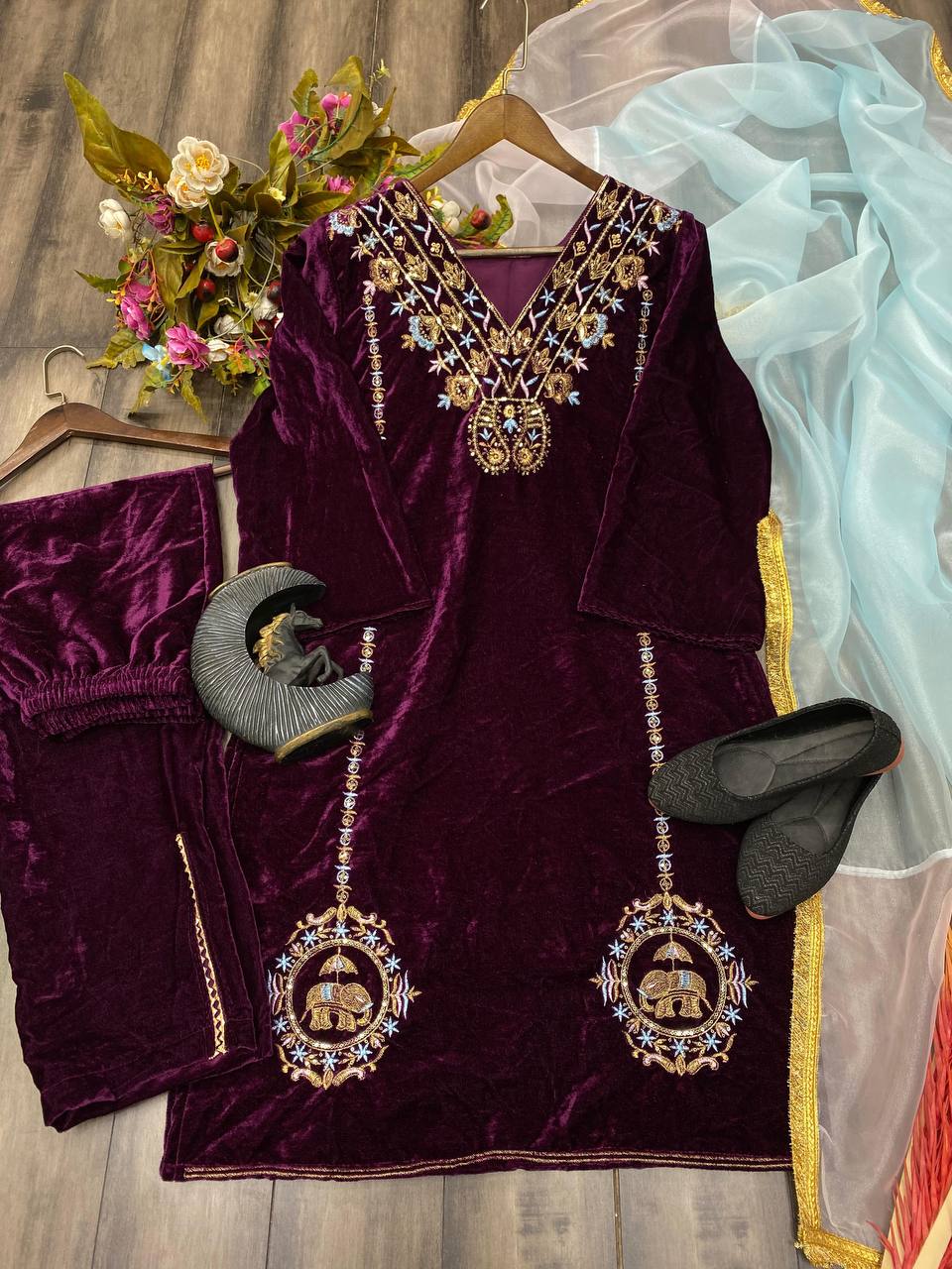 Velvet Sequence Embroidery Work Suit Pant With Dupatta