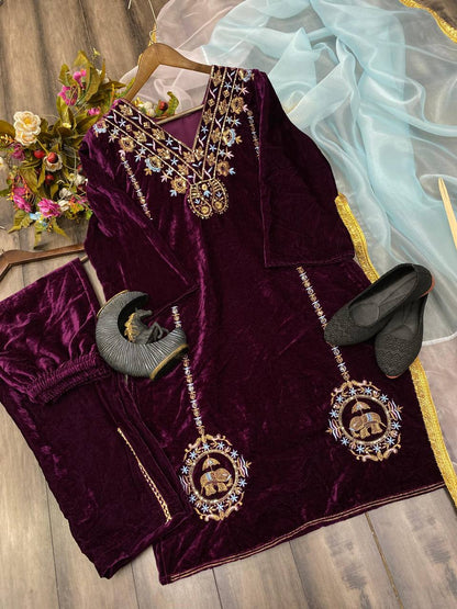 Velvet Sequence Embroidery Work Suit Pant With Dupatta