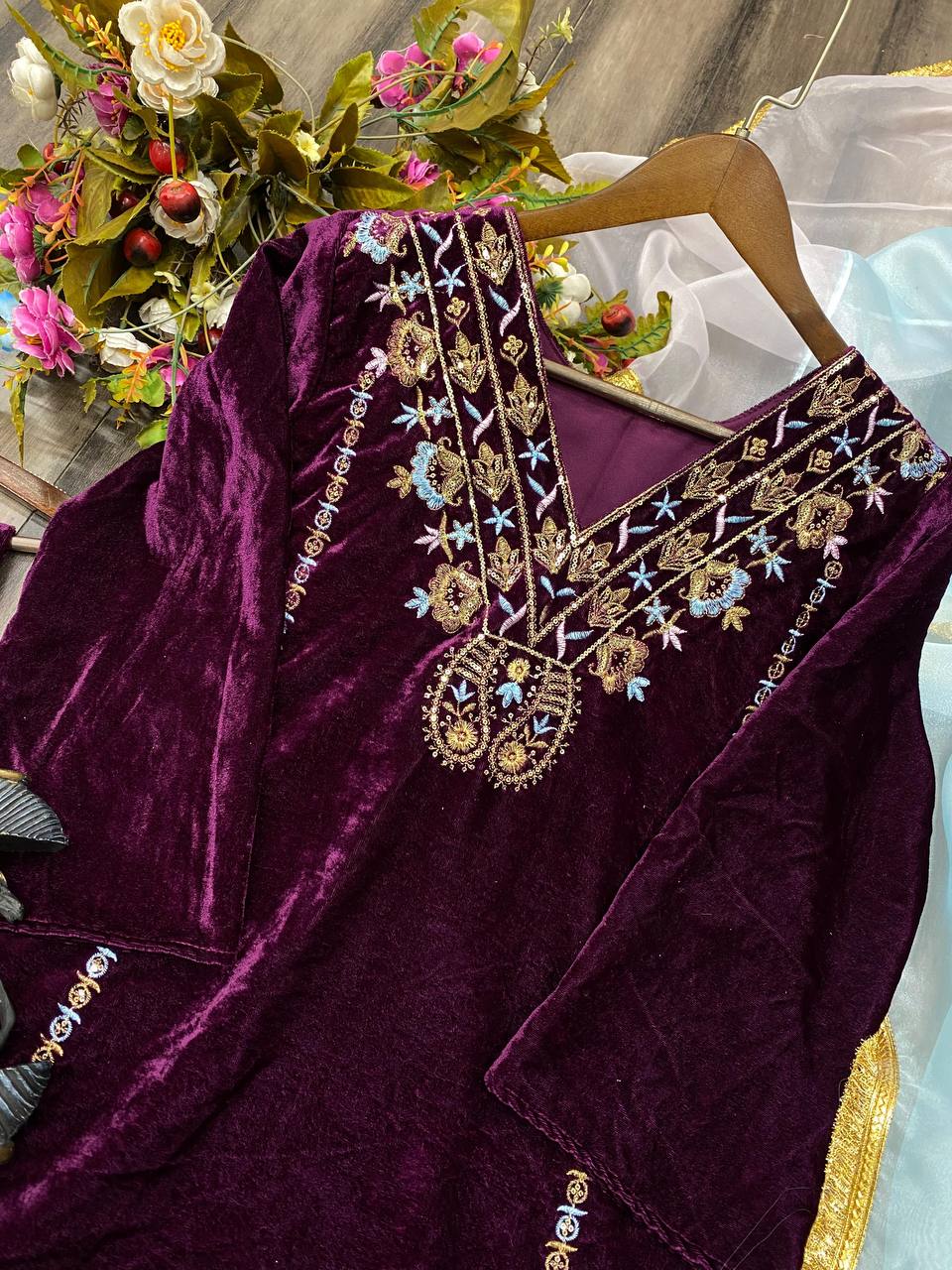 Velvet Sequence Embroidery Work Suit Pant With Dupatta