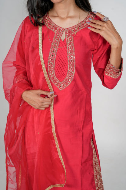 Imperial Red & Dark Yellow Kurta Pant Sets With Neck Work