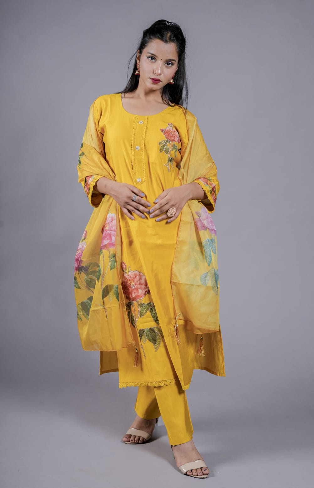 Saffron Yellow Kurta Sets With Flower Pattern Work