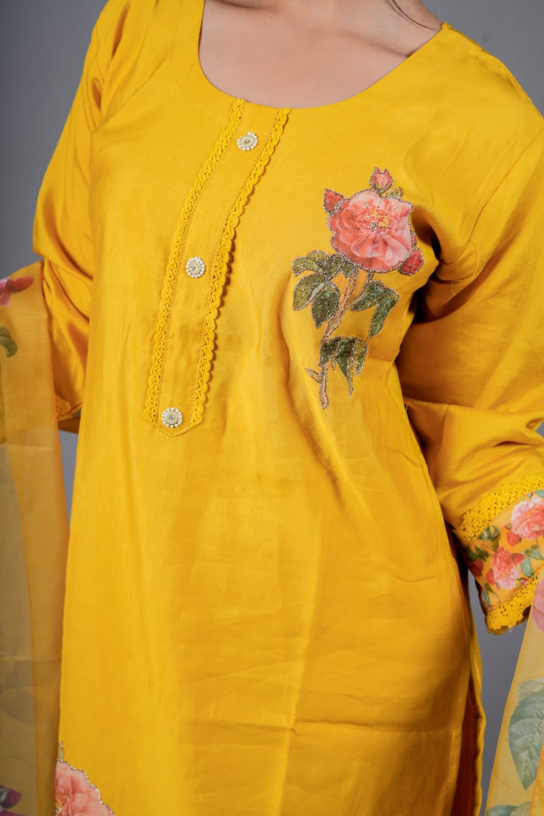 Saffron Yellow Kurta Sets With Flower Pattern Work