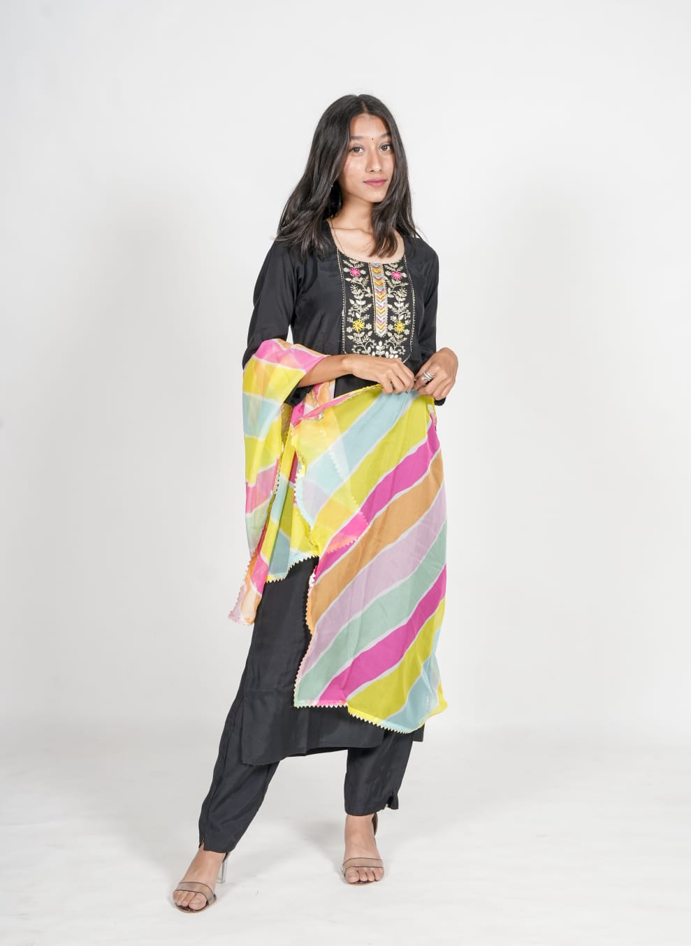 Natural Black Sequence Embroidery Kurta Set