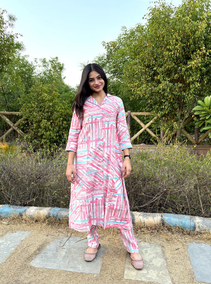 Ruby Pink Printed A-Line Kurta Pant Set