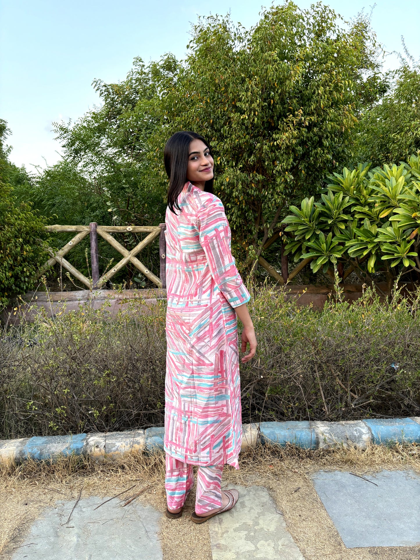 Ruby Pink Printed A-Line Kurta Pant Set