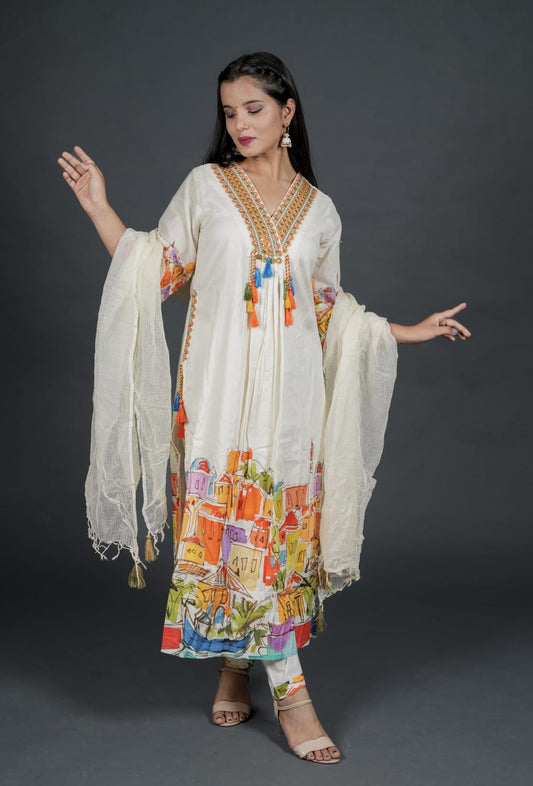 Off White Embroidery Cotton Kurta Set With Digital Print