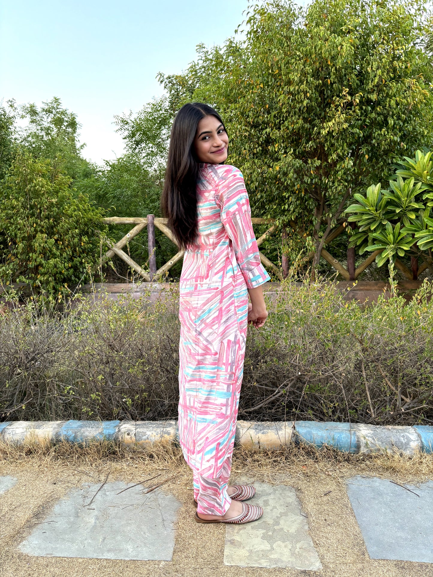 Ruby Pink Printed A-Line Kurta Pant Set