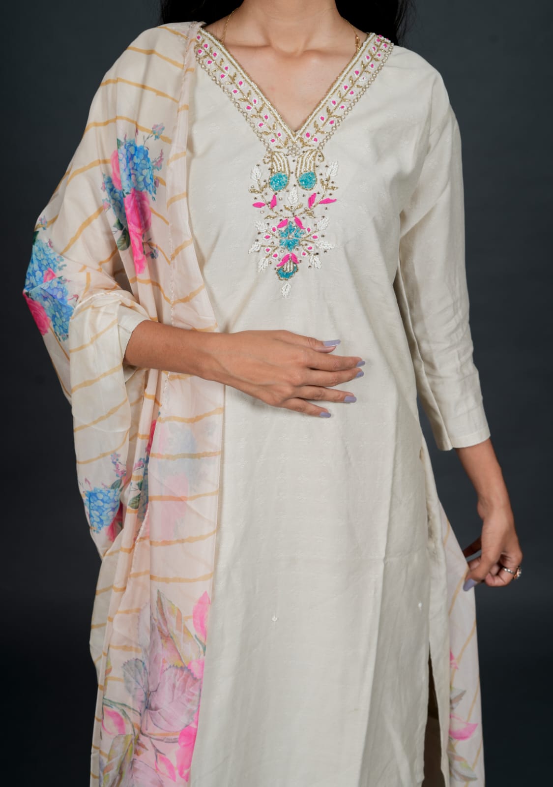 Simply Off White Colour Handwork Kurta Set