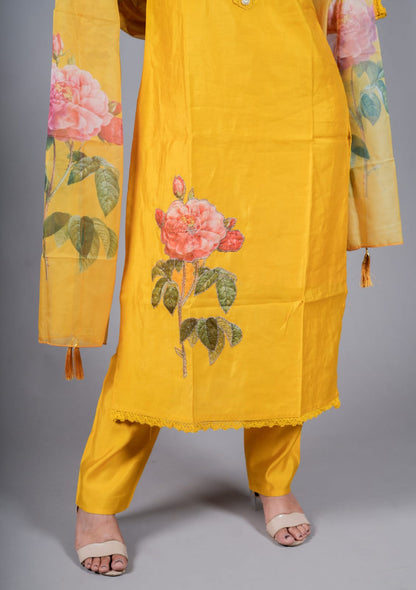 Saffron Yellow Kurta Sets With Flower Pattern Work