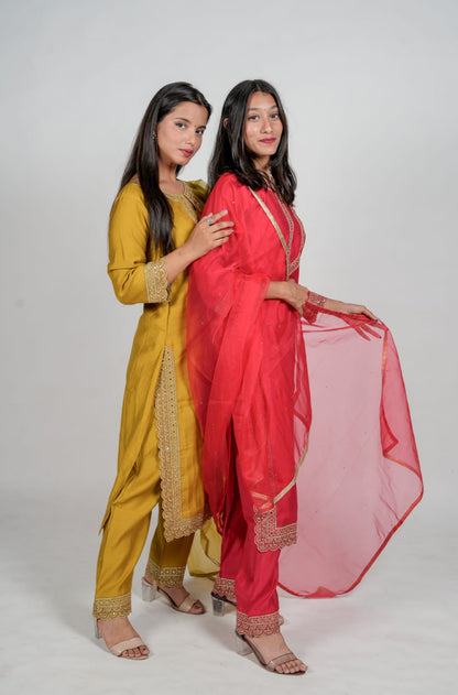 Imperial Red & Dark Yellow Kurta Pant Sets With Neck Work