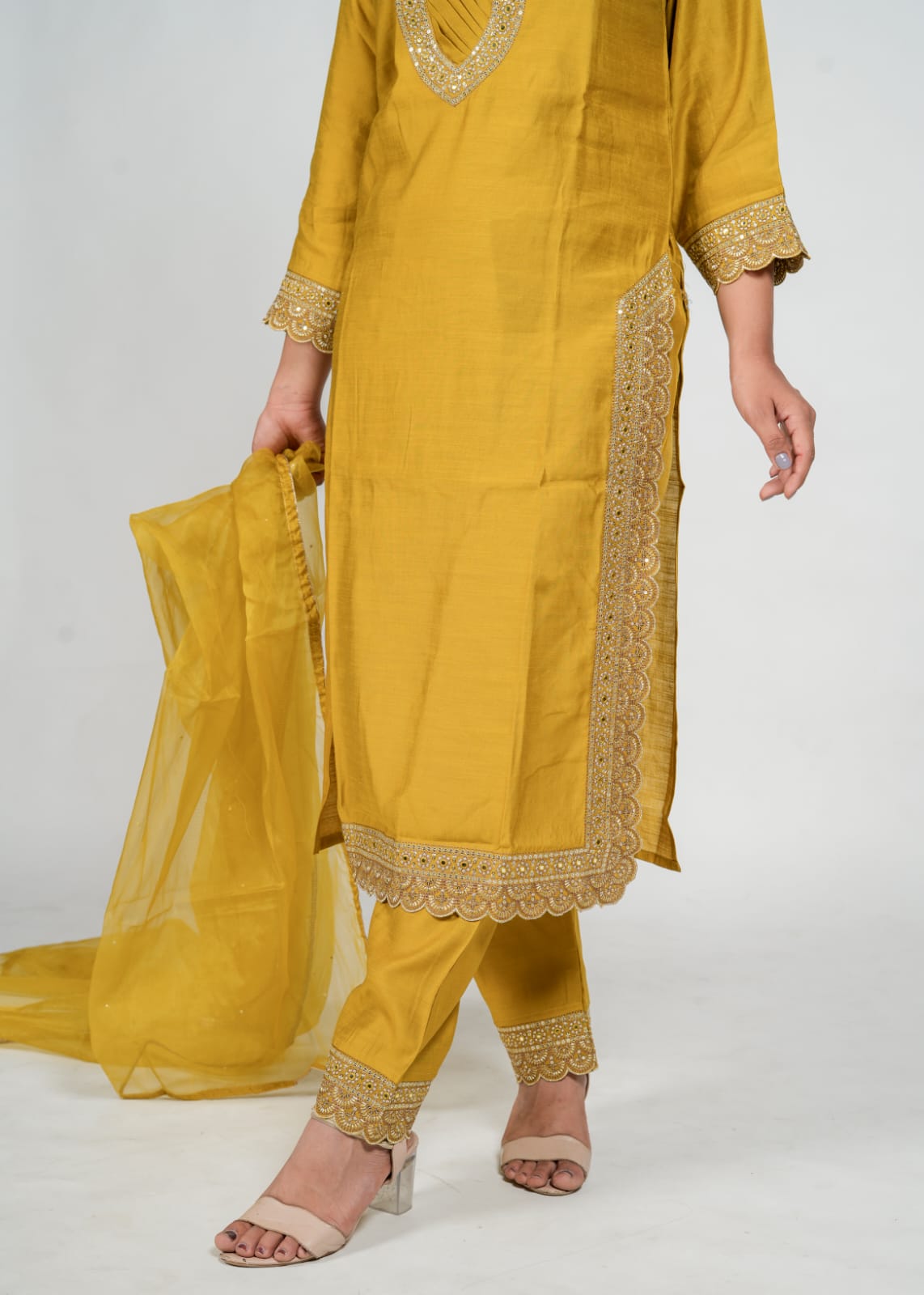 Imperial Red & Dark Yellow Kurta Pant Sets With Neck Work