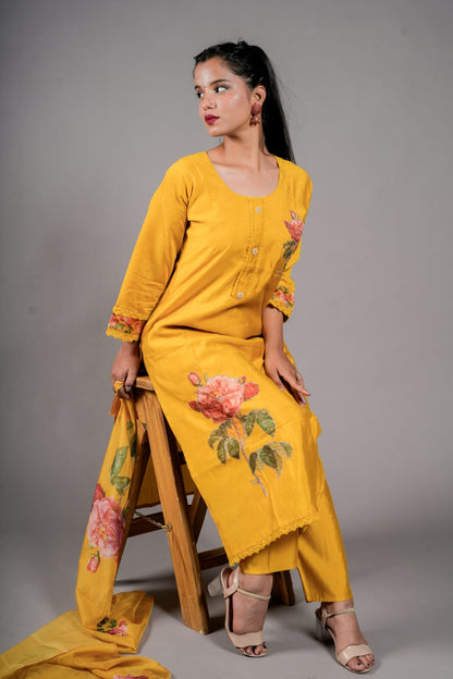 Saffron Yellow Kurta Sets With Flower Pattern Work