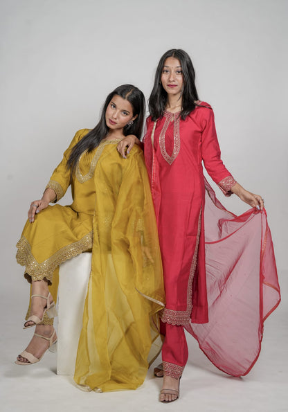 Imperial Red & Dark Yellow Kurta Pant Sets With Neck Work