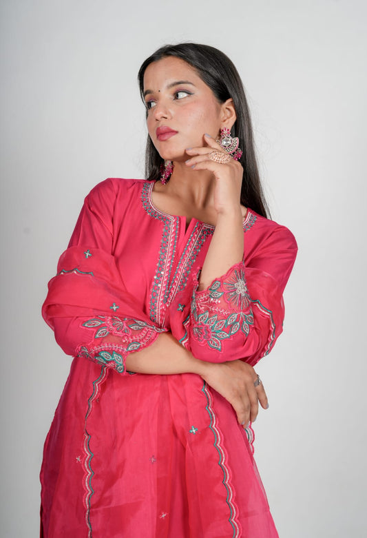 Hot Pink Colour Kurta Pant Sets with Dupatta