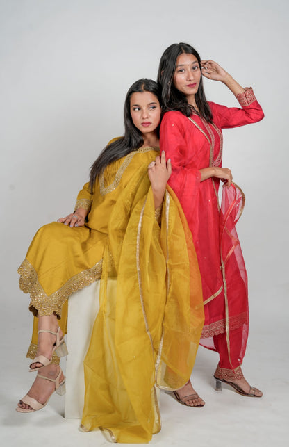 Imperial Red & Dark Yellow Kurta Pant Sets With Neck Work