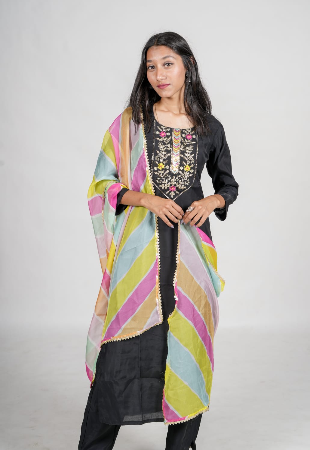 Natural Black Sequence Embroidery Kurta Set