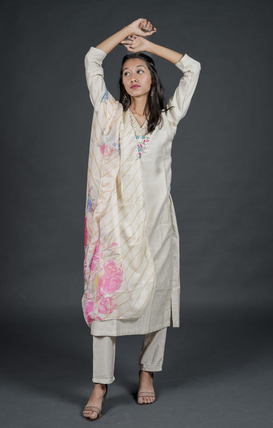 Simply Off White Colour Handwork Kurta Set