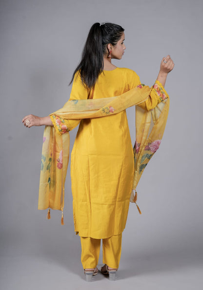 Saffron Yellow Kurta Sets With Flower Pattern Work