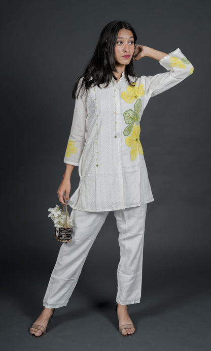 Premium Cotton White Co-ord Set With Embroidery & Beadswork