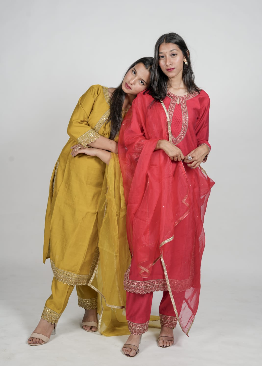 Imperial Red & Dark Yellow Kurta Pant Sets With Neck Work