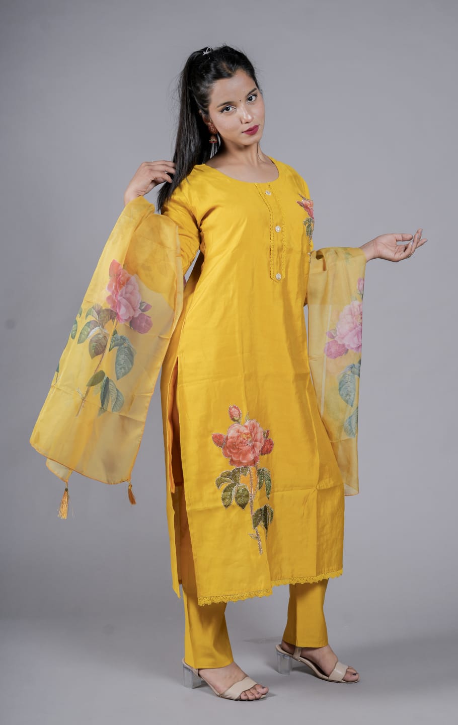 Saffron Yellow Kurta Sets With Flower Pattern Work